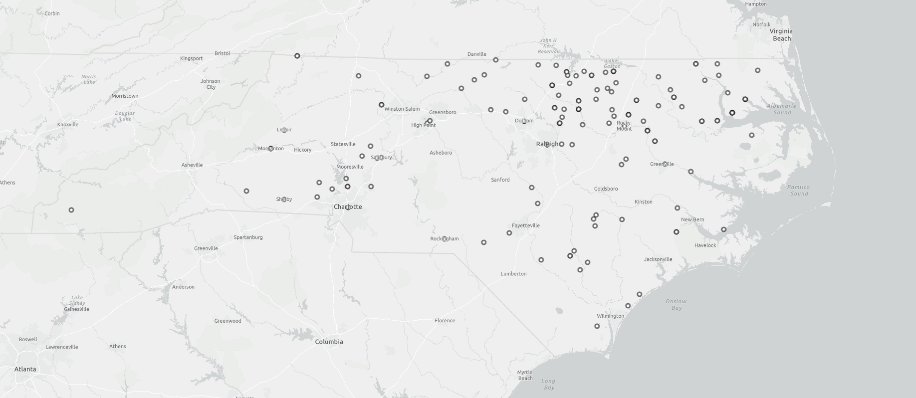 Map representing plantations in North Carolina that are included in the dataset for this project.