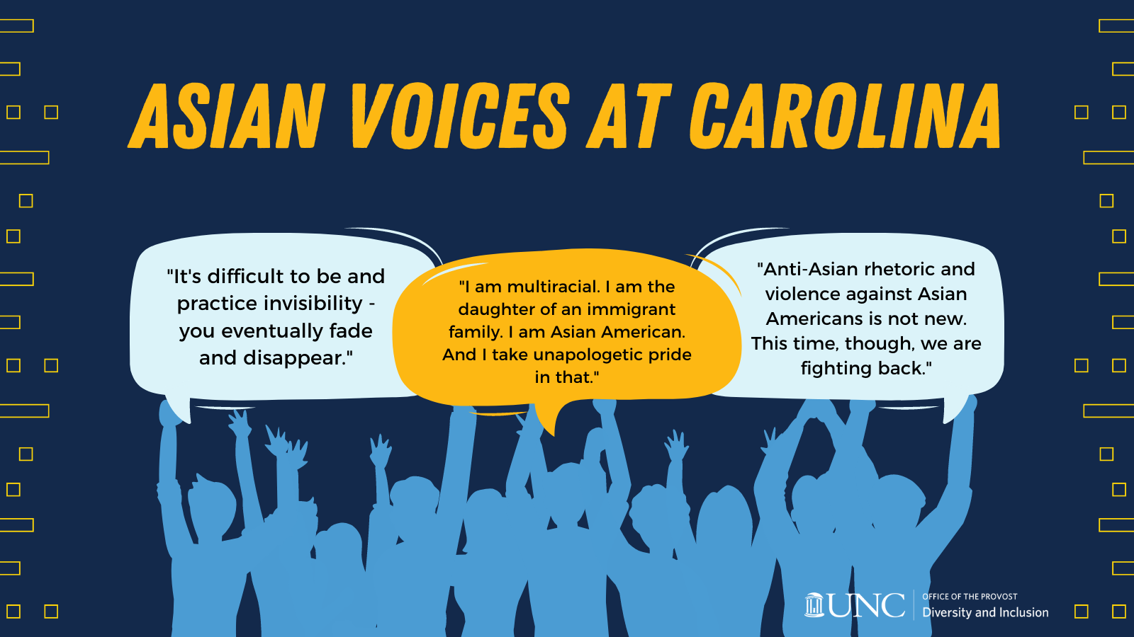 Asian Voices at Carolina Graphic with many people and speech bubbles