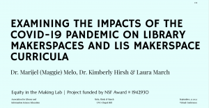 First slide of ALISE presentation: Examining the Impacts of the COVID-19 Pandemic on Library Makerspaces and LIS Makerspace Curricula