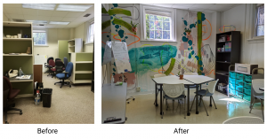 Before picture of office space, after picture makerspace